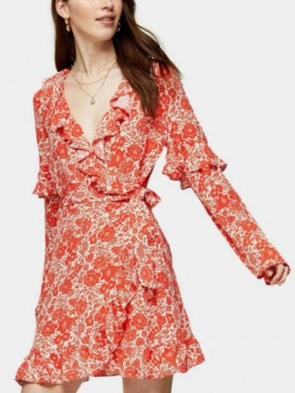 Topshop Coral-Print Ruffle Wrap Long Sleeve Dress NWT